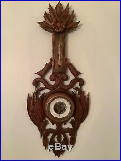 Antique Carved Wood French Barometer Thermometer Pheasants Birds