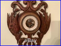 Antique Carved Wood French Barometer Thermometer Pheasants Birds