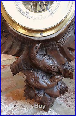Antique Carved Wood Hunt Black Forest Barometer Thermometer EAGLE -BUCK-DEER