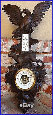 Antique Carved Wood Hunt Black Forest Barometer Thermometer EAGLE -BUCK-DEER