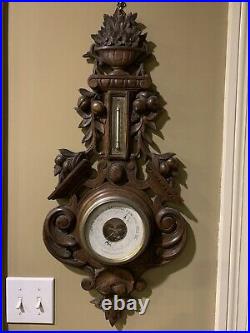 Antique Carved Wooden European Barometer