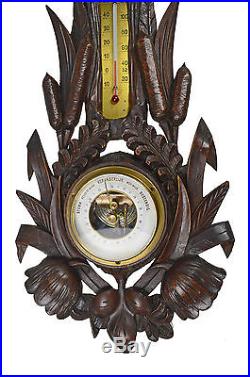 Antique Cattail and Frog Carved Barometer / Thermometer, Marked H F, German