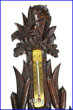 Antique Cattail and Frog Carved Barometer / Thermometer, Marked H F, German