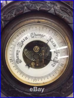 Antique Dark Carved Oak And Brass Barometer Weather Station. Very Unique