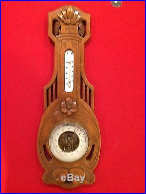Antique Dutch Wooden Carved Wall Hanging BAROMETER / THERMOMETER
