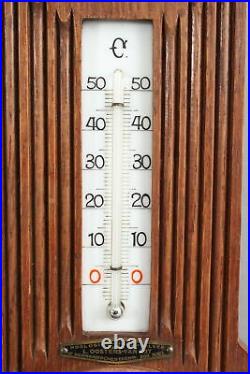 Antique Early 20thC Dutch Carved Wood Oak Frame Barometer Thermometer, Working