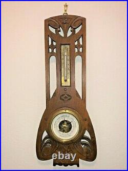 Antique Eastlake Deco German Wood Carved Lufft Barometer Thermometer Wall Banjo