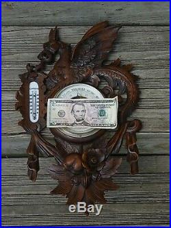 Antique Edwardian Black Forest Carved Wood Dragon Barometer Thermometer Stunning