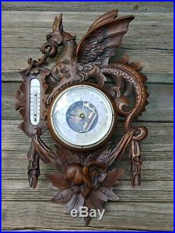 Antique Edwardian Black Forest Carved Wood Dragon Barometer Thermometer Stunning