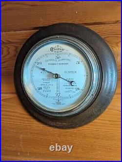 Antique English Aneroid Barometer Wood And Glass 8 Inches Diameter