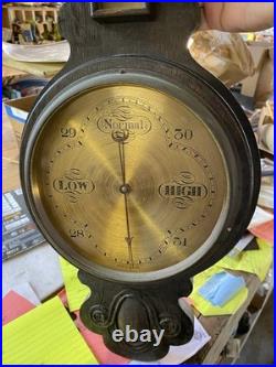 Antique English Barometer Brass Dial Wall Mount Wood Case Atmospheric Gauge