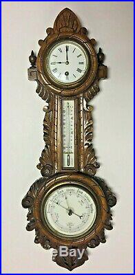 Antique English Carved Wooden Wall Barometer/Thermometer/Clock w Key