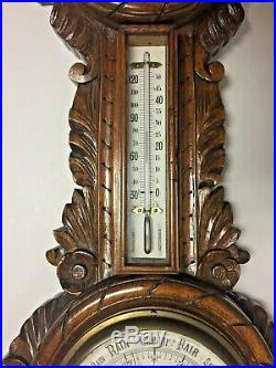 Antique English Carved Wooden Wall Barometer/Thermometer/Clock w Key