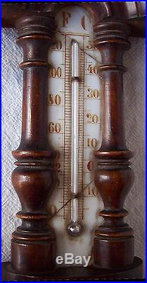 Antique English European Hand Carved Wood Wall Barometer Thermometer