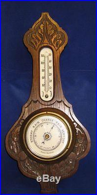 Antique English Handcarved Solid Wooden Barometer, Thermometer, Porcelain Face