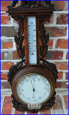 Antique English Highly Carved Dark Oak Hanging Wall Barometer Thermometer