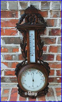 Antique English Highly Carved Dark Oak Hanging Wall Barometer Thermometer