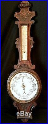 Antique English Oak Aneroid Barometer / Thermometer