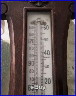 Antique English Oak Banjo Barometer and Thermometer 19th Century