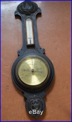 Antique English Oak Banjo Wheel Barometer Thermometer Free Shipping