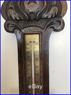 Antique English Oak Banjo Wheel Barometer Thermometer Free Shipping
