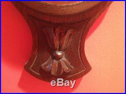 Antique English Oak Wall Barometer Thermometer with Fleur De Lis Carving