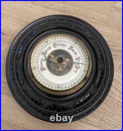 Antique English Rain Gauge Barometer Carved Wood Frame 7.5 Diameter