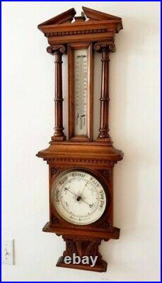 Antique English Victorian Ornate Carved Aneroid Wall Barometer & Thermometer