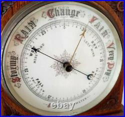 Antique English Victorian Ornate Carved Aneroid Wall Barometer & Thermometer