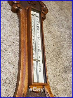 Antique English Victorian Ornate Carved Oak Aneroid Wall Barometer & Thermometer