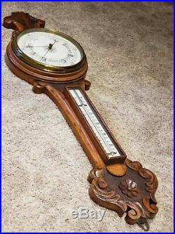 Antique English Victorian Ornate Carved Oak Aneroid Wall Barometer & Thermometer