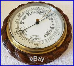 Antique English Victorian Ornate Carved Walnut Round Aneroid Wall Barometer