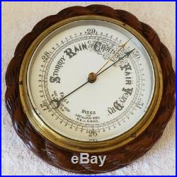 Antique English Victorian Ornate Carved Walnut Round Aneroid Wall Barometer