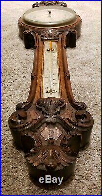 Antique English Victorian Ornate Carved Walnut Wall Barometer J. Hicks London