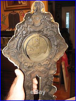 Antique Figural Cast Iron WHEEL BAROMETER / THERMOMETER / CLOCK Ornate & Heavy