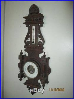 Antique French 26 Barometer Aneroide Barometre Thermometer Carved Wood Working