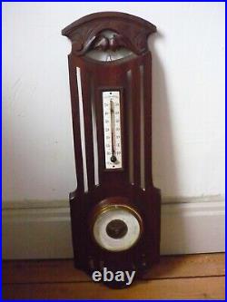 Antique French Art Deco Carved Wood Wall Barometer Thermometer Mahogany Wood
