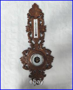 Antique French Barometer Thermometer Carved Oak Wood Black Forest 19th Century
