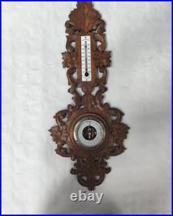 Antique French Barometer Thermometer Carved Oak Wood Black Forest 19th Century