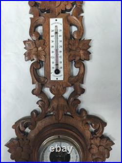 Antique French Barometer Thermometer Carved Oak Wood Black Forest 19th Century