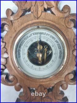 Antique French Barometer Thermometer Carved Oak Wood Black Forest 19th Century