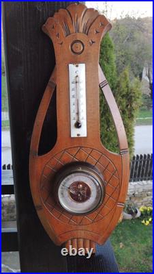 Antique French Barometer & Thermometer. Carved Wood Lyre Shape. 1920s-30s