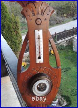 Antique French Barometer & Thermometer. Carved Wood Lyre Shape. 1920s-30s