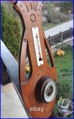 Antique French Barometer & Thermometer. Carved Wood Lyre Shape. 1920s-30s