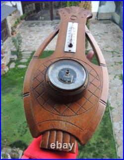 Antique French Barometer & Thermometer. Carved Wood Lyre Shape. 1920s-30s