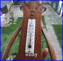 Antique French Barometer & Thermometer. Carved Wood Lyre Shape. 1920s-30s