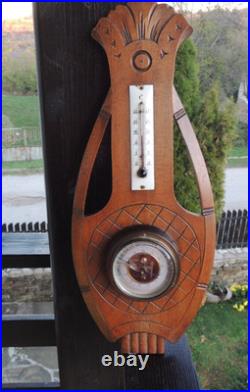 Antique French Barometer & Thermometer. Carved Wood Lyre Shape. 1920s-30s