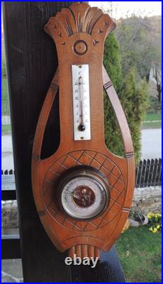 Antique French Barometer & Thermometer. Carved Wood Lyre Shape. 1920s-30s