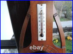 Antique French Barometer & Thermometer. Carved Wood Lyre Shape. 1920s-30s