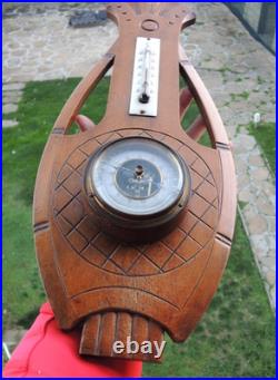 Antique French Barometer & Thermometer. Carved Wood Lyre Shape. 1920s-30s